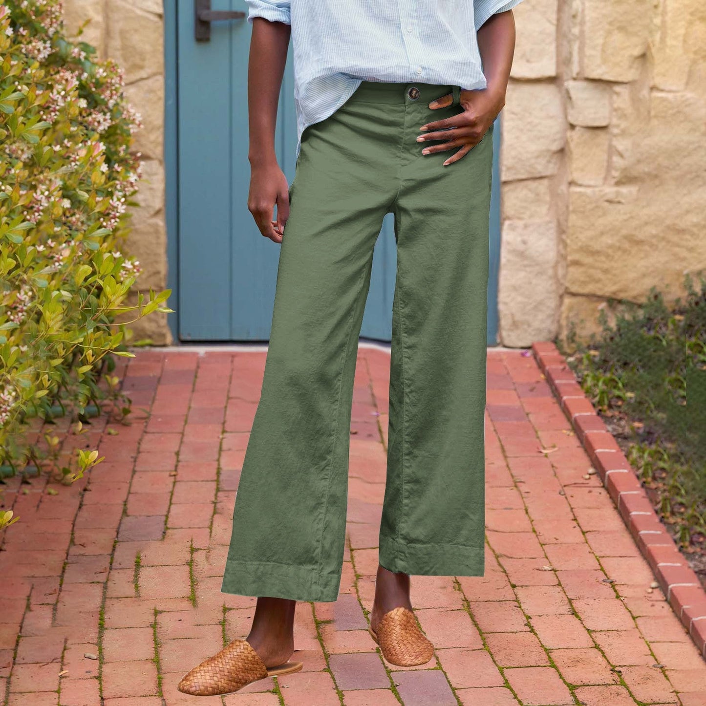 European And American Style High-Waisted Solid Color Cropped Flared Loose Wide-Leg Womens Trousers With Buttons
