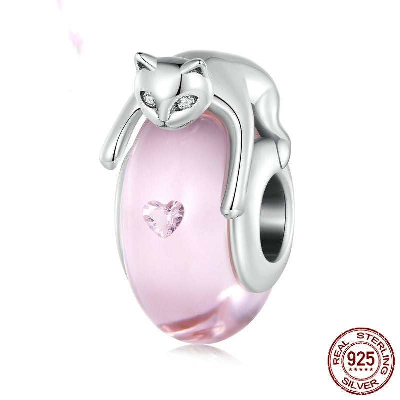925 Sterling Silver Glass Cat Beaded Bracelet
