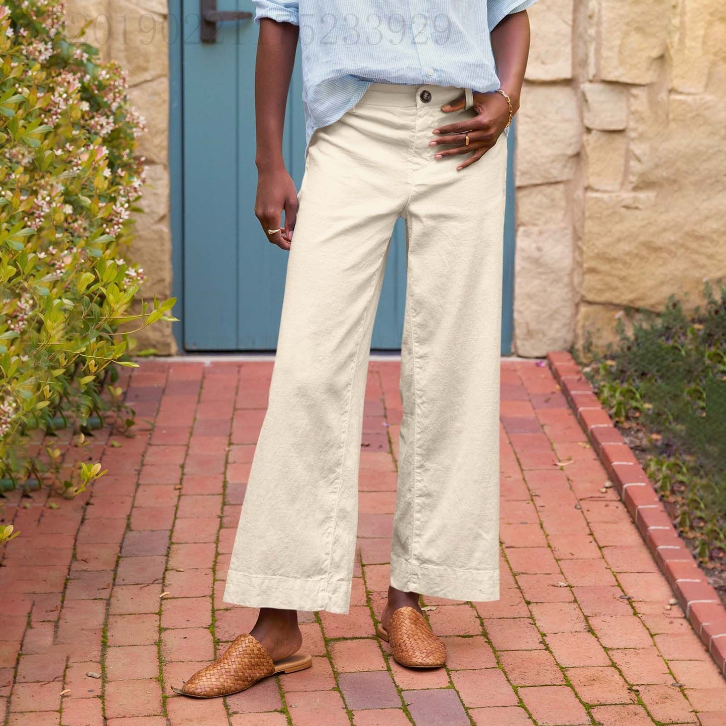 European And American Style High-Waisted Solid Color Cropped Flared Loose Wide-Leg Womens Trousers With Buttons