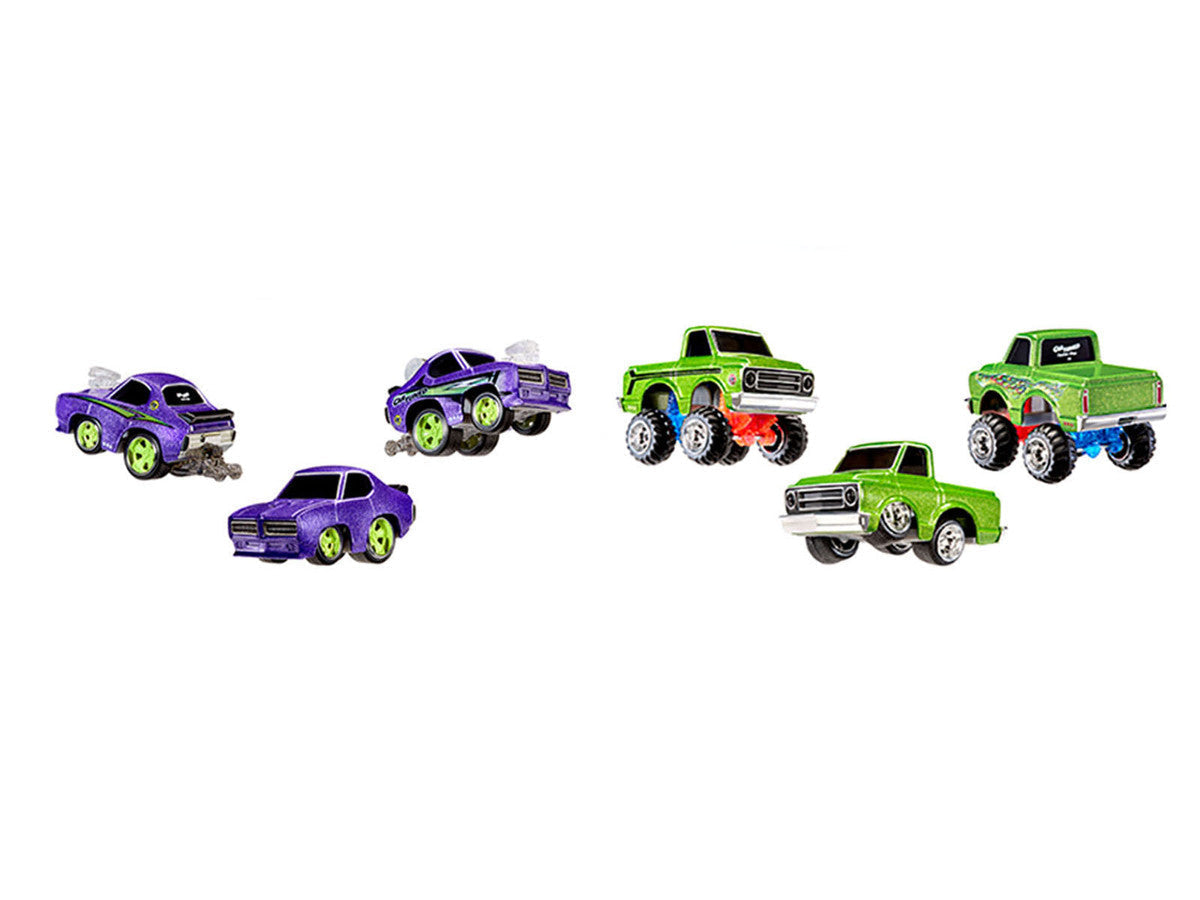 1969 Pontiac GTO Purple Metallic and 1967 Chevrolet C10 Pickup Truck Green Metallic "Custom Shop" 2 Car Set Diecast Model Cars by CarTuned