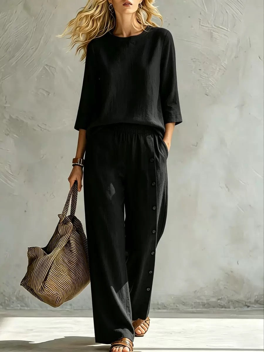 2026 European And American Women's Fashionable Solid Color Buckle Design Casual Loose Two-piece Set