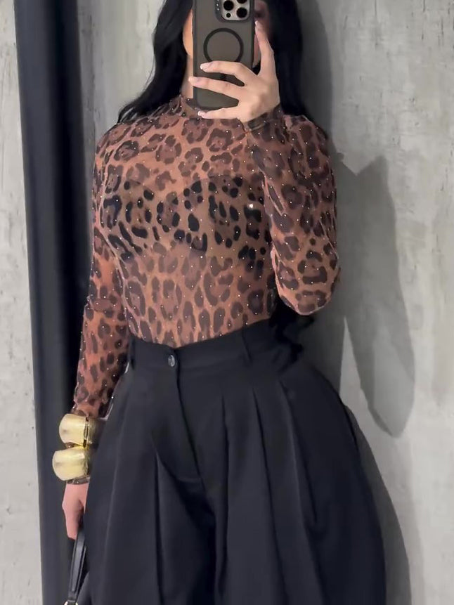 Leopard Print High Neck Diamond Long Sleeve Top