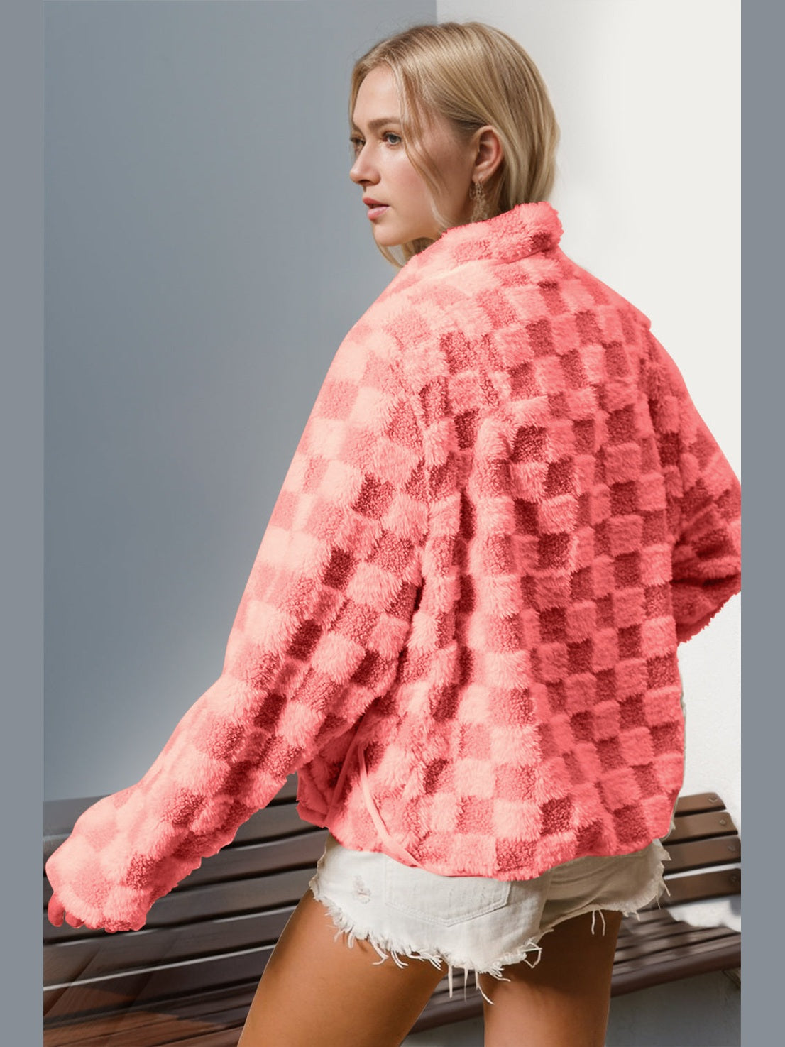 Women Double Take Checkered Long Sleeve Fuzzy Jacket