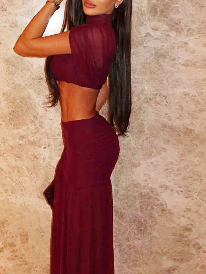 Crop Top And Solid Color Slit Skirt Set