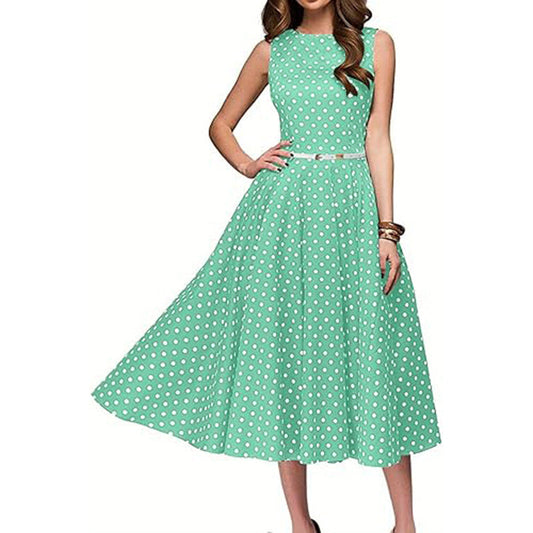 Women's Vintage Polka Dot Sleeveless Dress O-Neck Summer Cocktail Party Dress