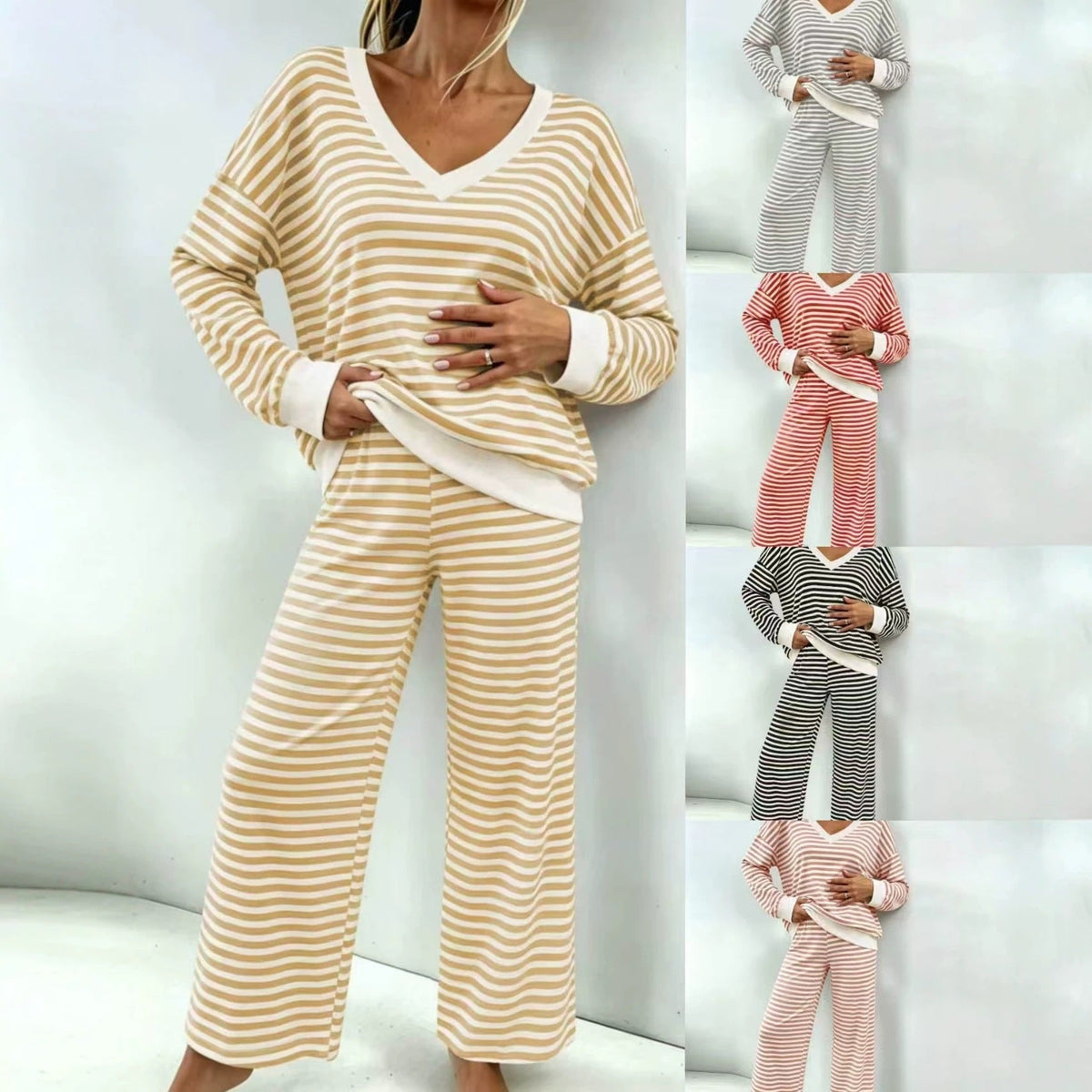 Women's Striped V Neck Loungewear Set  Loose Long Sleeve & Wide Leg Pants Soft Skin Friendly Two Piece Pajama Set