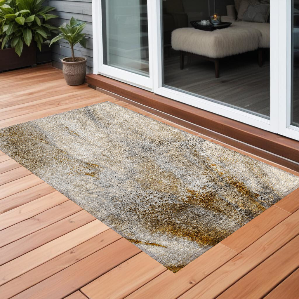 3' X 5' Brown Abstract Washable Non Skid Indoor Outdoor Area Rug