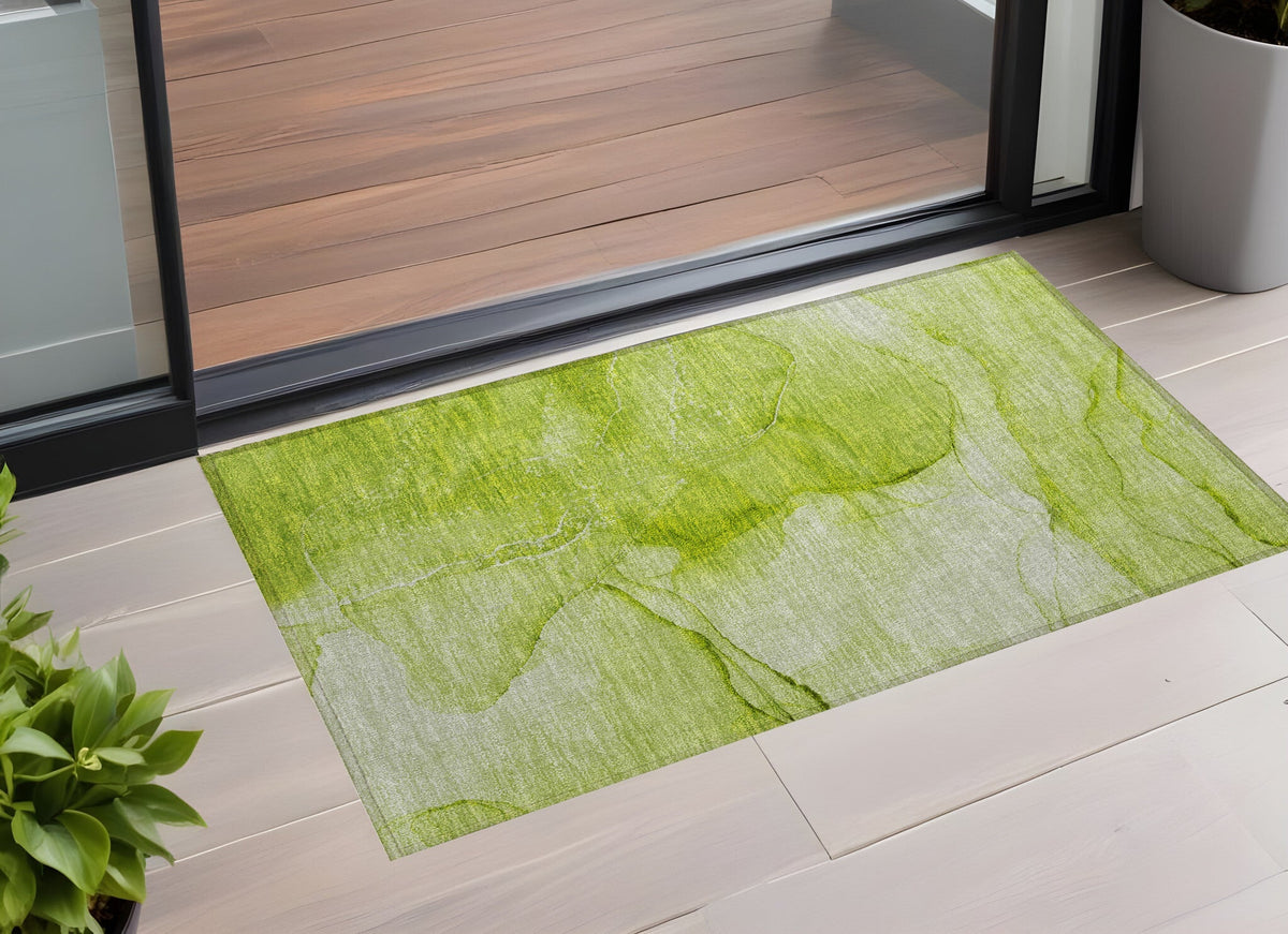 3' X 5' Green Abstract Washable Non Skid Indoor Outdoor Area Rug