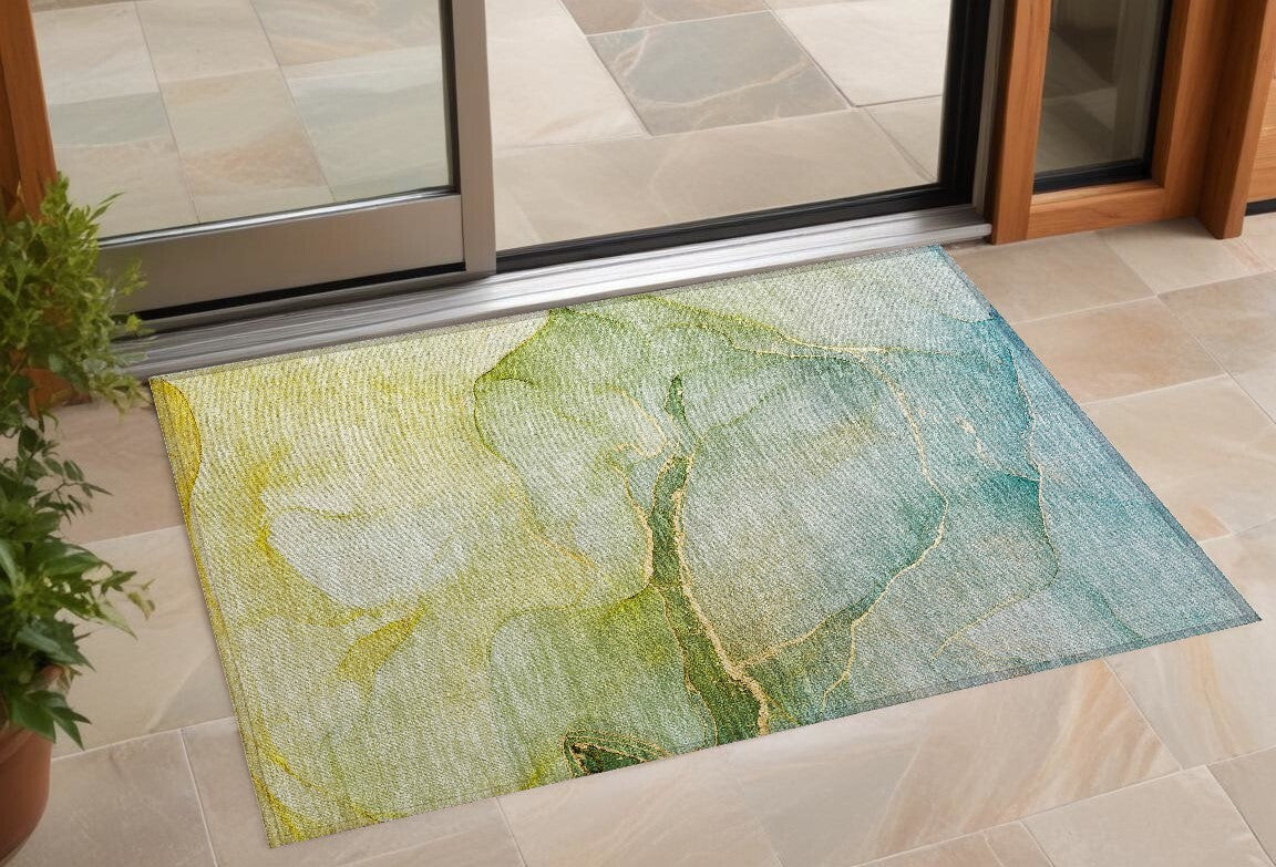 3' X 5' Green Abstract Washable Non Skid Indoor Outdoor Area Rug
