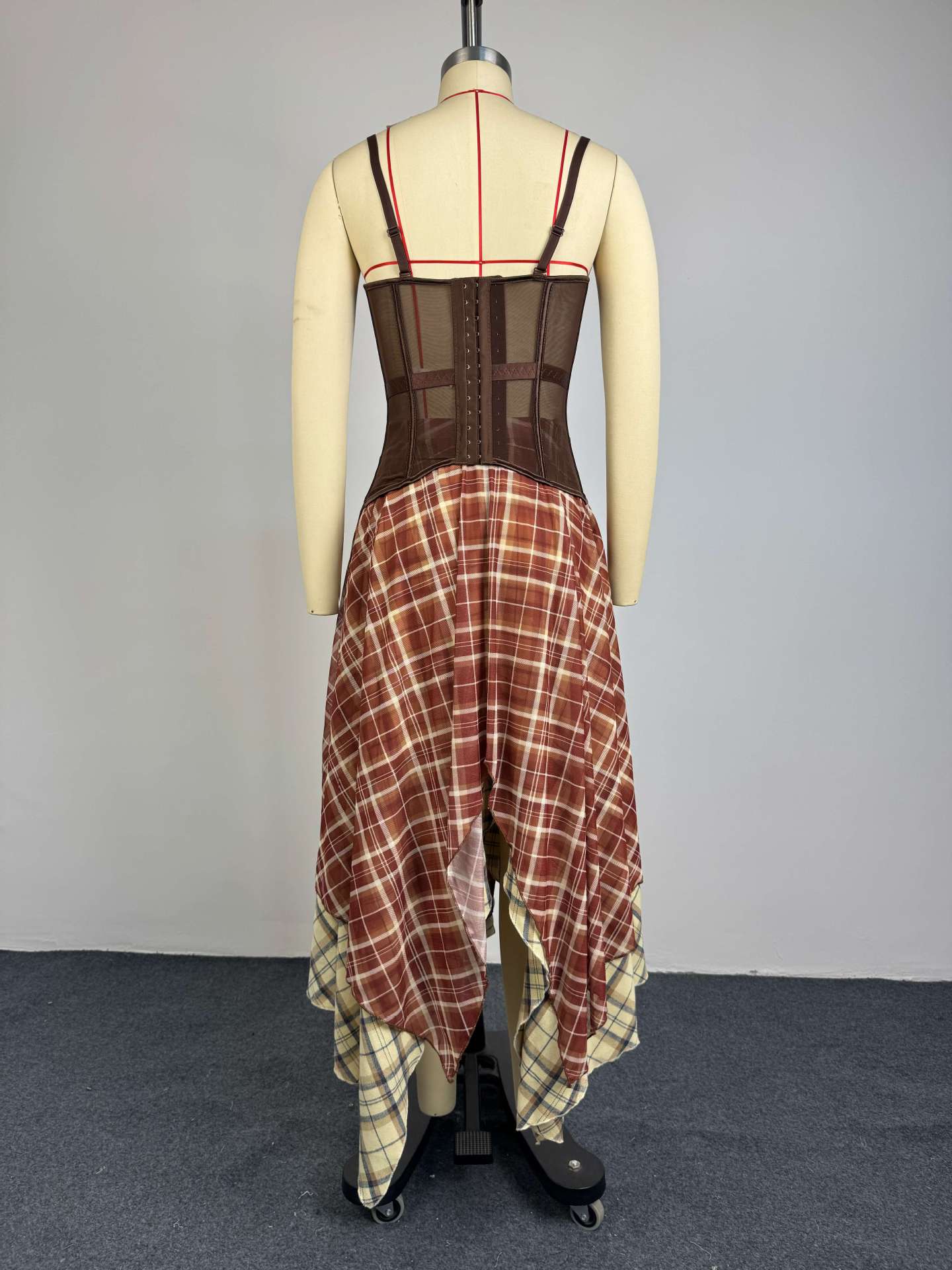 Brown Corset Top & Plaid Asymmetrical Skirt 2-Piece Set