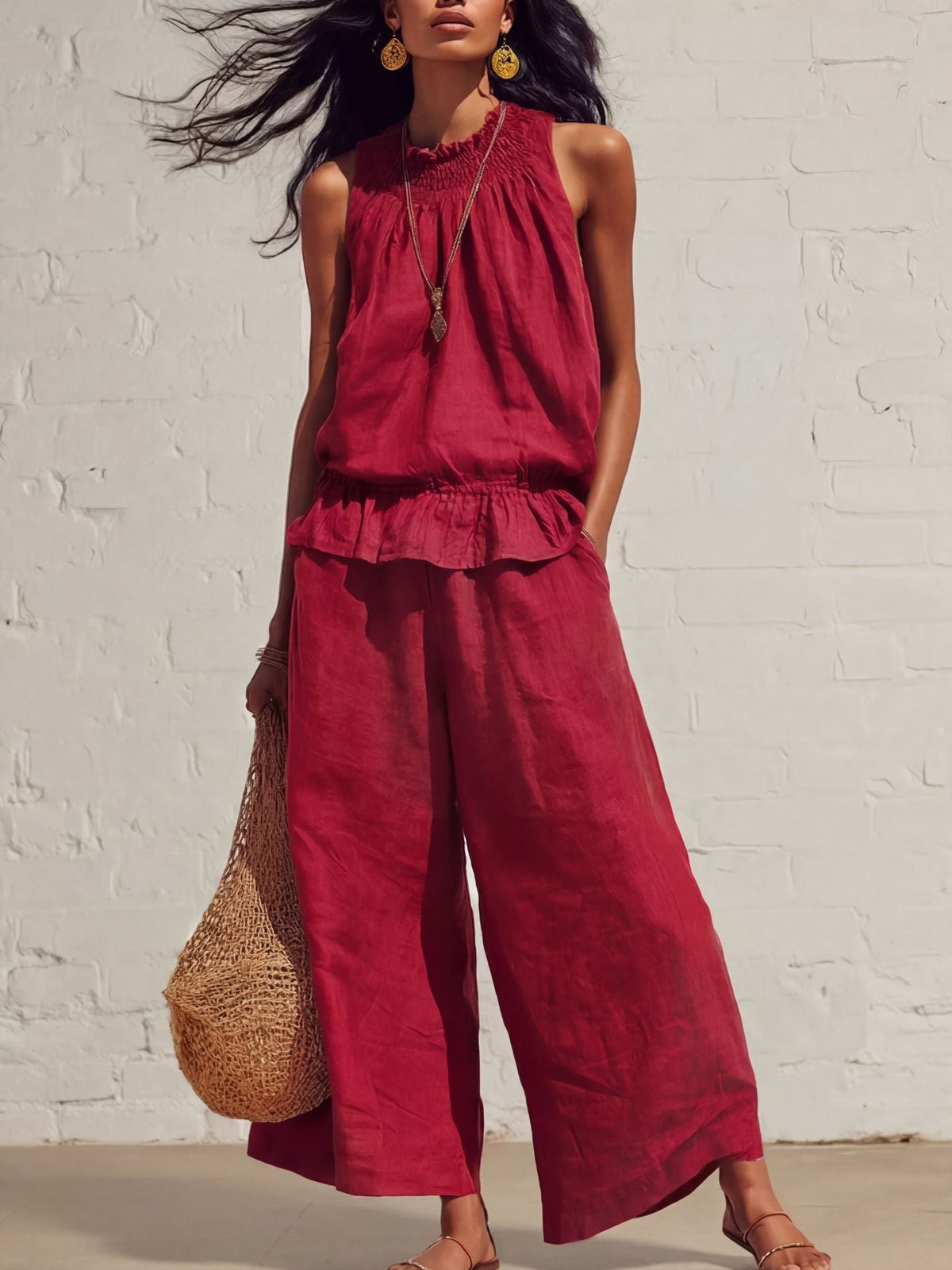Summer Sleeveless Suit Fashion Ruffled Vest Top And Straight-leg Pants Women's Two-Piece Set