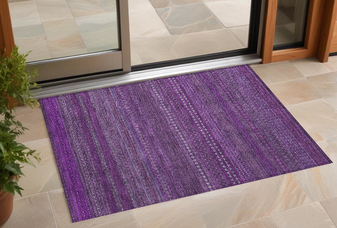 3' X 5' Eggplant Striped Washable Non Skid Indoor Outdoor Area Rug