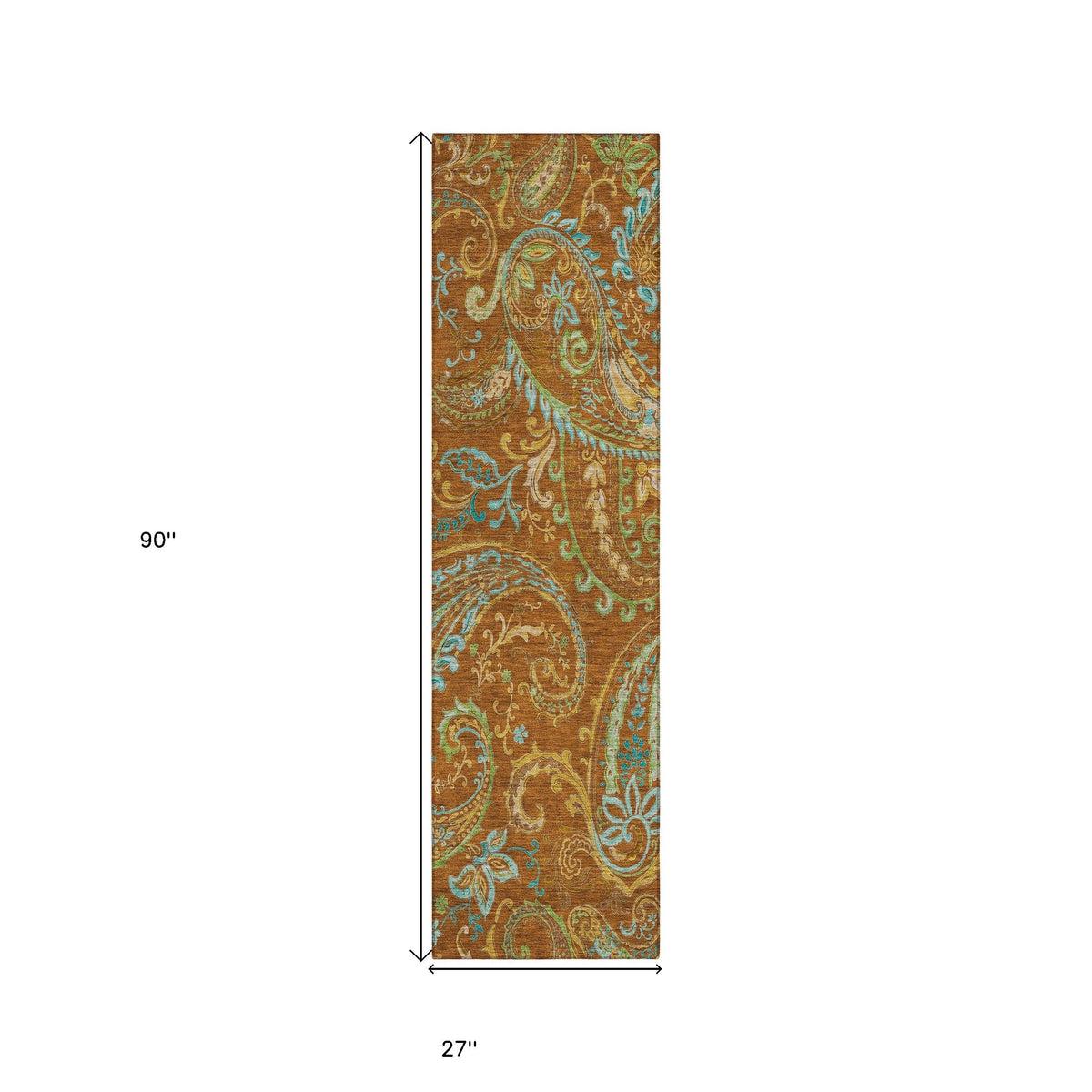 8' Runner Orange Paisley Washable Non Skid Indoor Outdoor Runner Rug