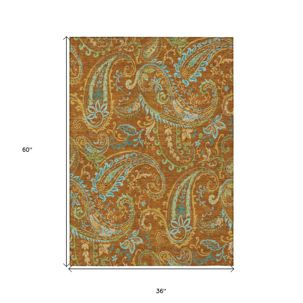 3' X 5' Orange Paisley Washable Non Skid Indoor Outdoor Area Rug