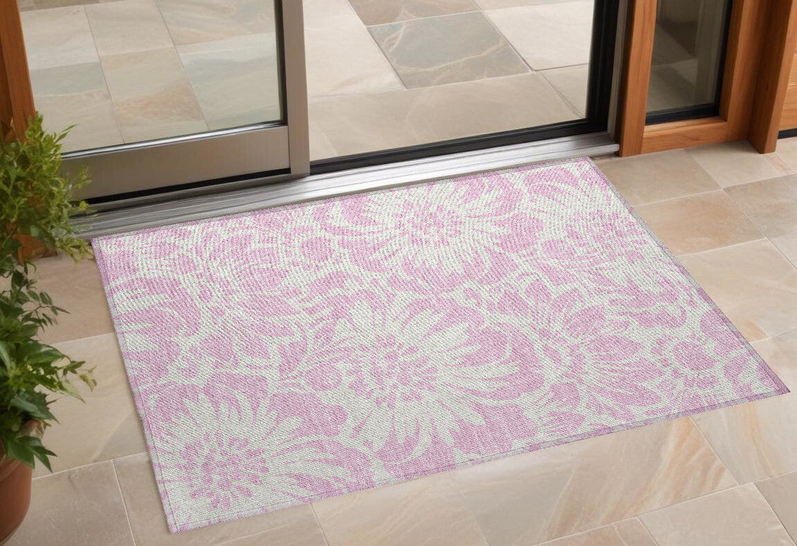 3' X 5' Pink and Ivory Floral Washable Non Skid Indoor Outdoor Area Rug