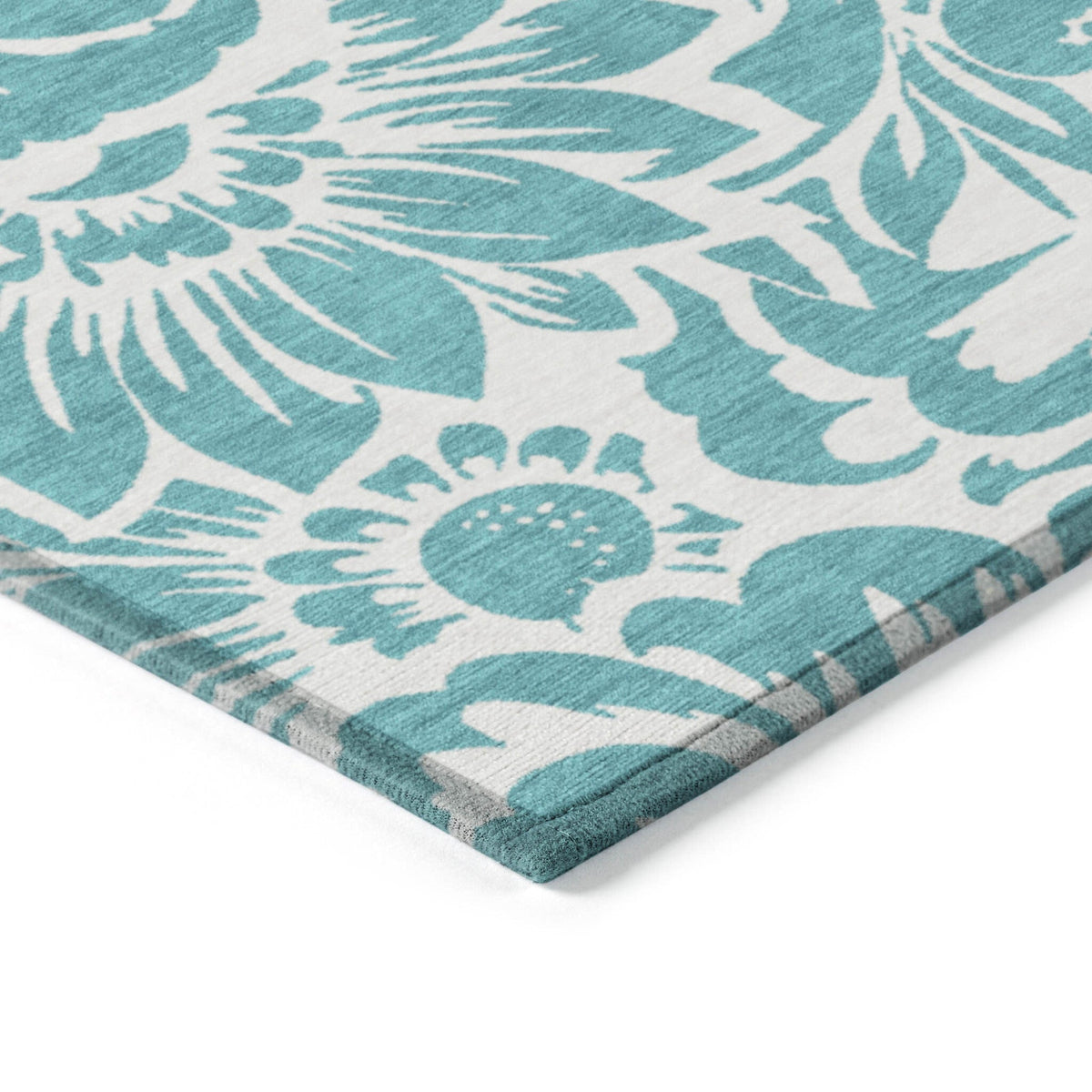 2' X 8' Teal and Ivory Floral Washable Non Skid Indoor Outdoor Runner Rug