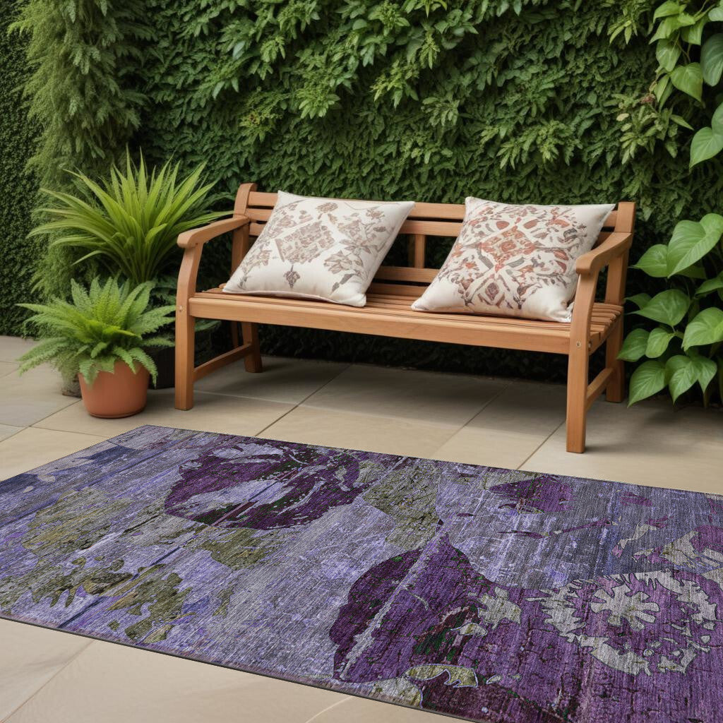 2' X 8' Purple and Green Abstract Washable Indoor Outdoor Runner Rug