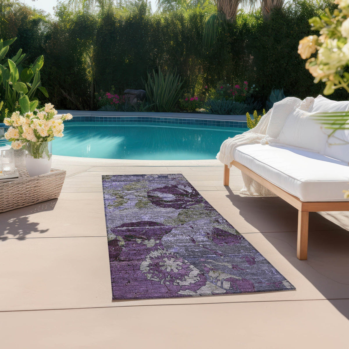 2' X 8' Purple and Green Abstract Washable Indoor Outdoor Runner Rug