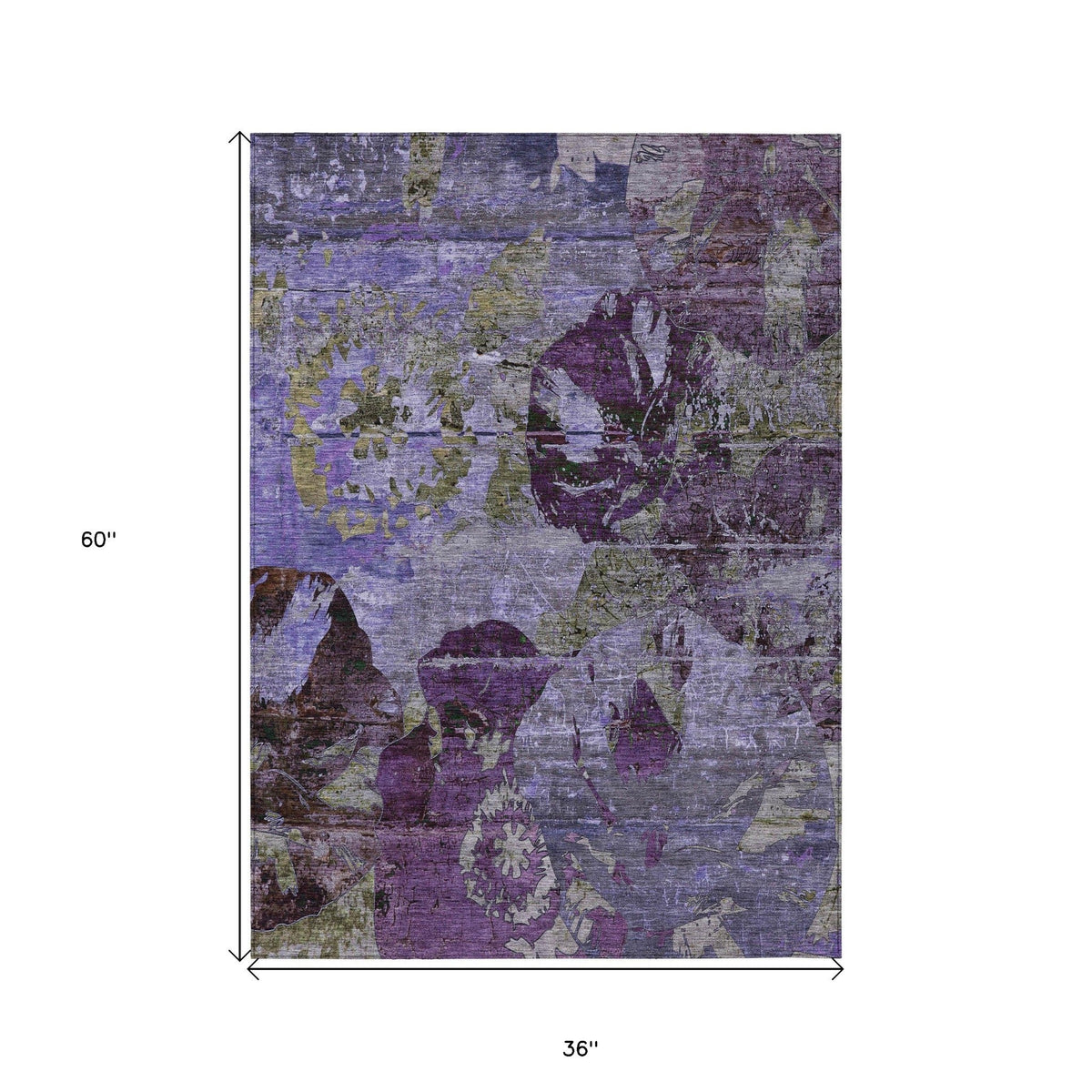 3' X 5' Purple and Green Floral Washable Non Skid Indoor Outdoor Area Rug