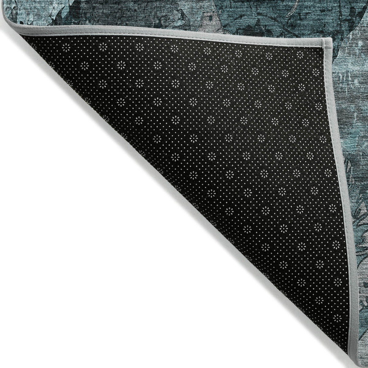 2' X 8' Teal and Gray Abstract Washable Indoor Outdoor Runner Rug