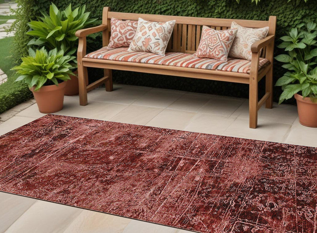 8' Runner Merlot Abstract Washable Non Skid Indoor Outdoor Runner Rug