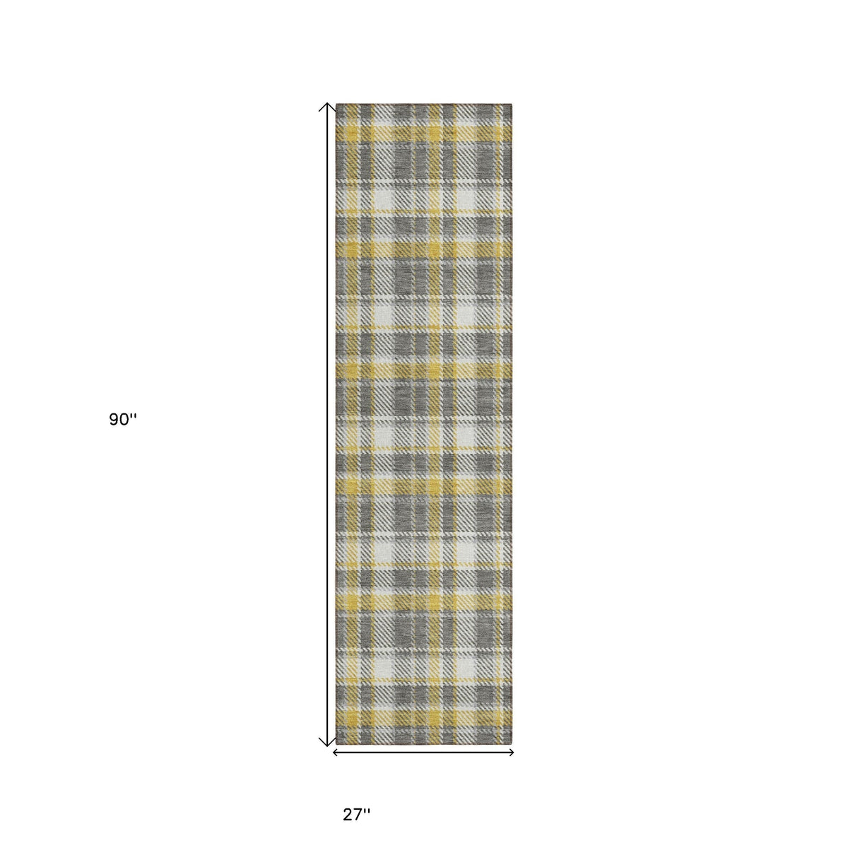 8' Runner Gray Yellow and White Plaid Washable Non Skid Indoor Outdoor Runner Rug