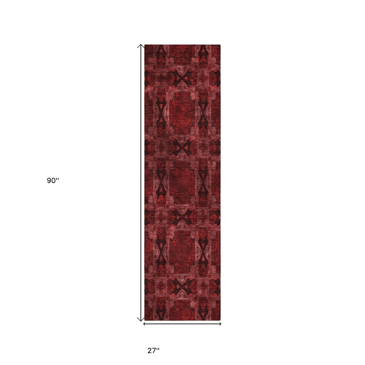 8' Runner Burgundy and Black Floral Medallion Washable Non Skid Indoor Outdoor Runner Rug