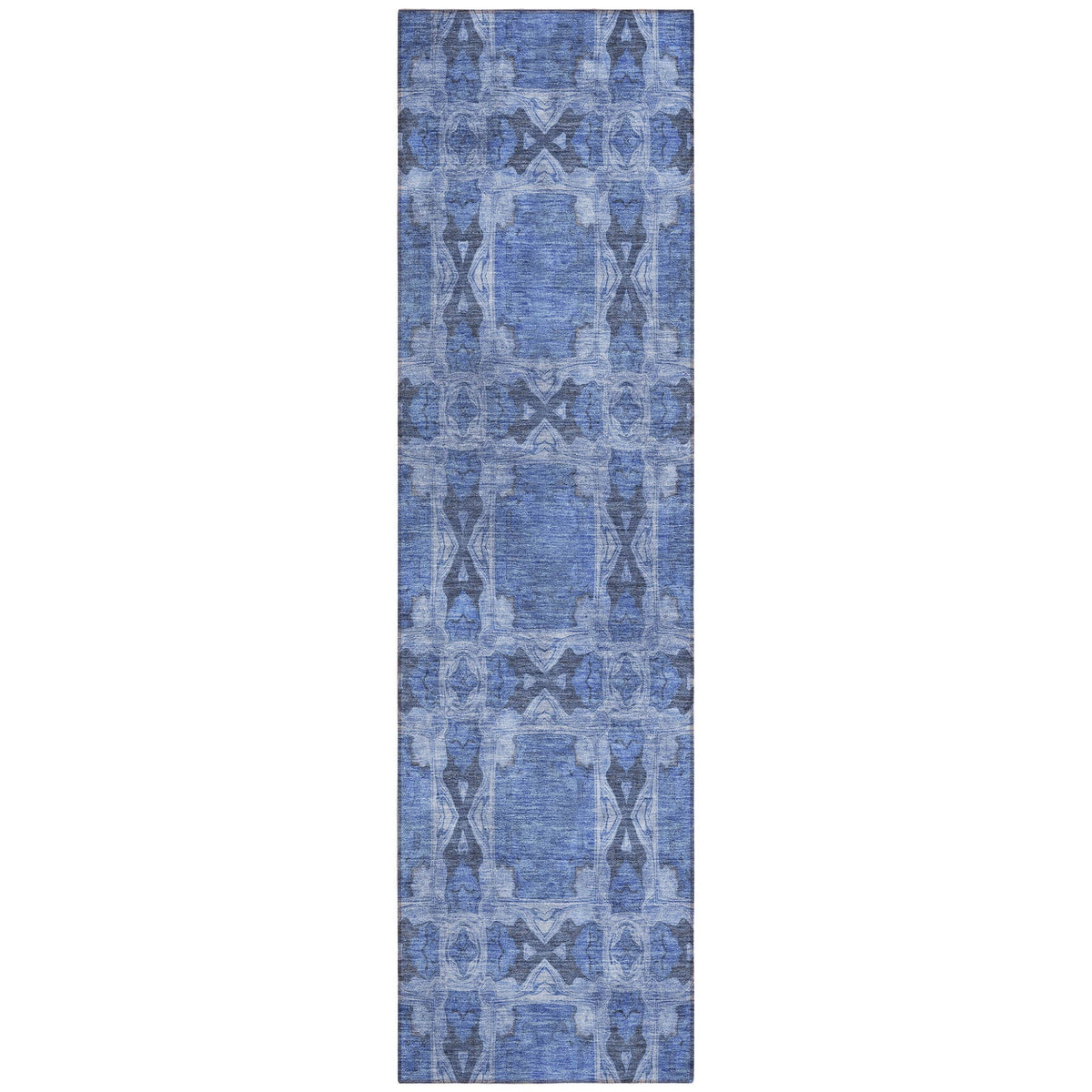 8' Runner Denim Blue and Gray Floral Medallion Washable Non Skid Indoor Outdoor Runner Rug