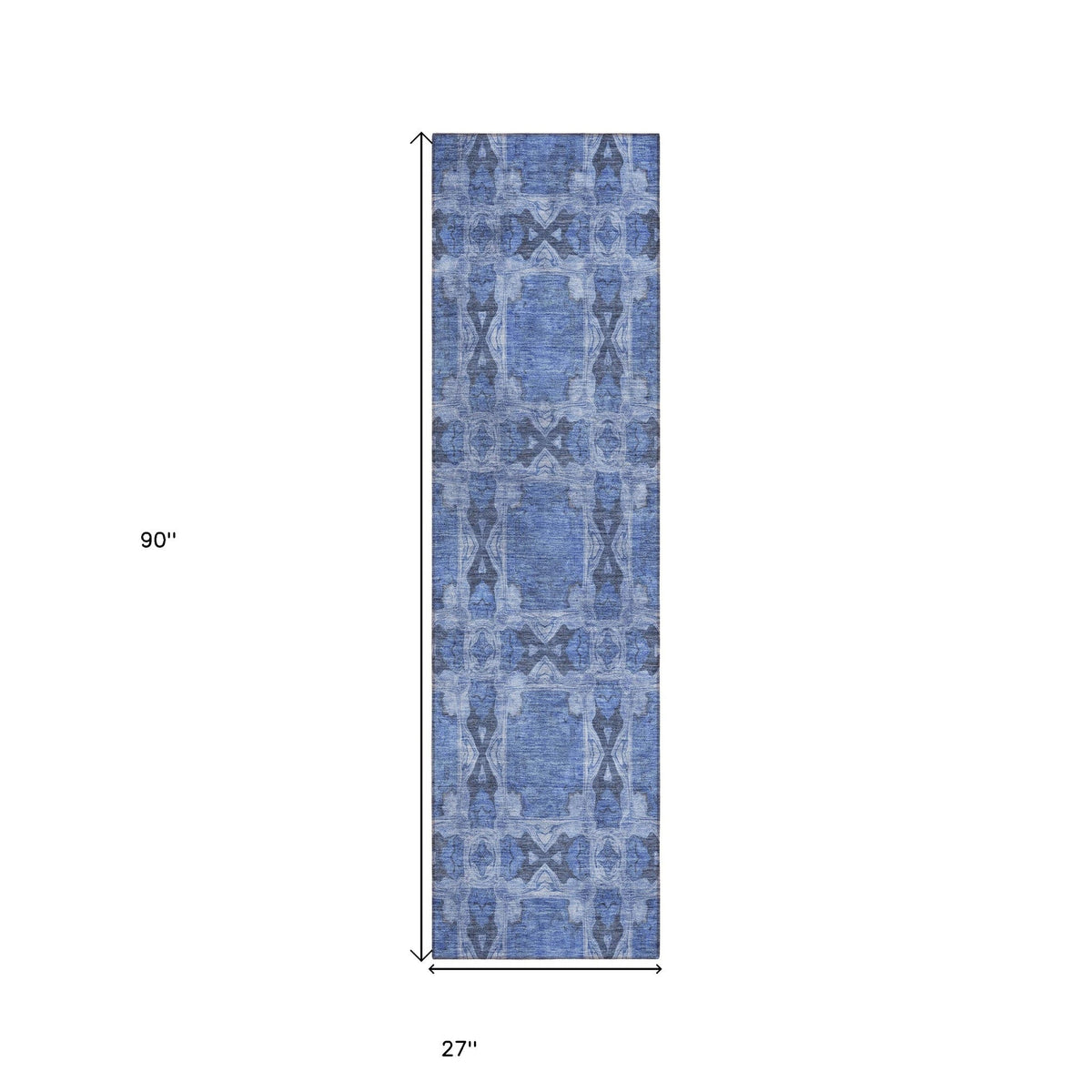 8' Runner Denim Blue and Gray Floral Medallion Washable Non Skid Indoor Outdoor Runner Rug