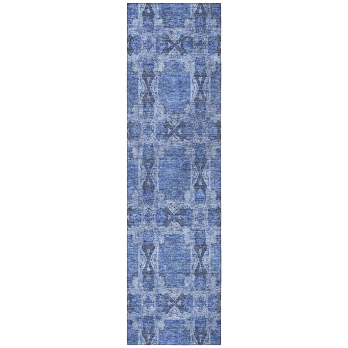 8' Runner Denim Blue and Gray Floral Medallion Washable Non Skid Indoor Outdoor Runner Rug