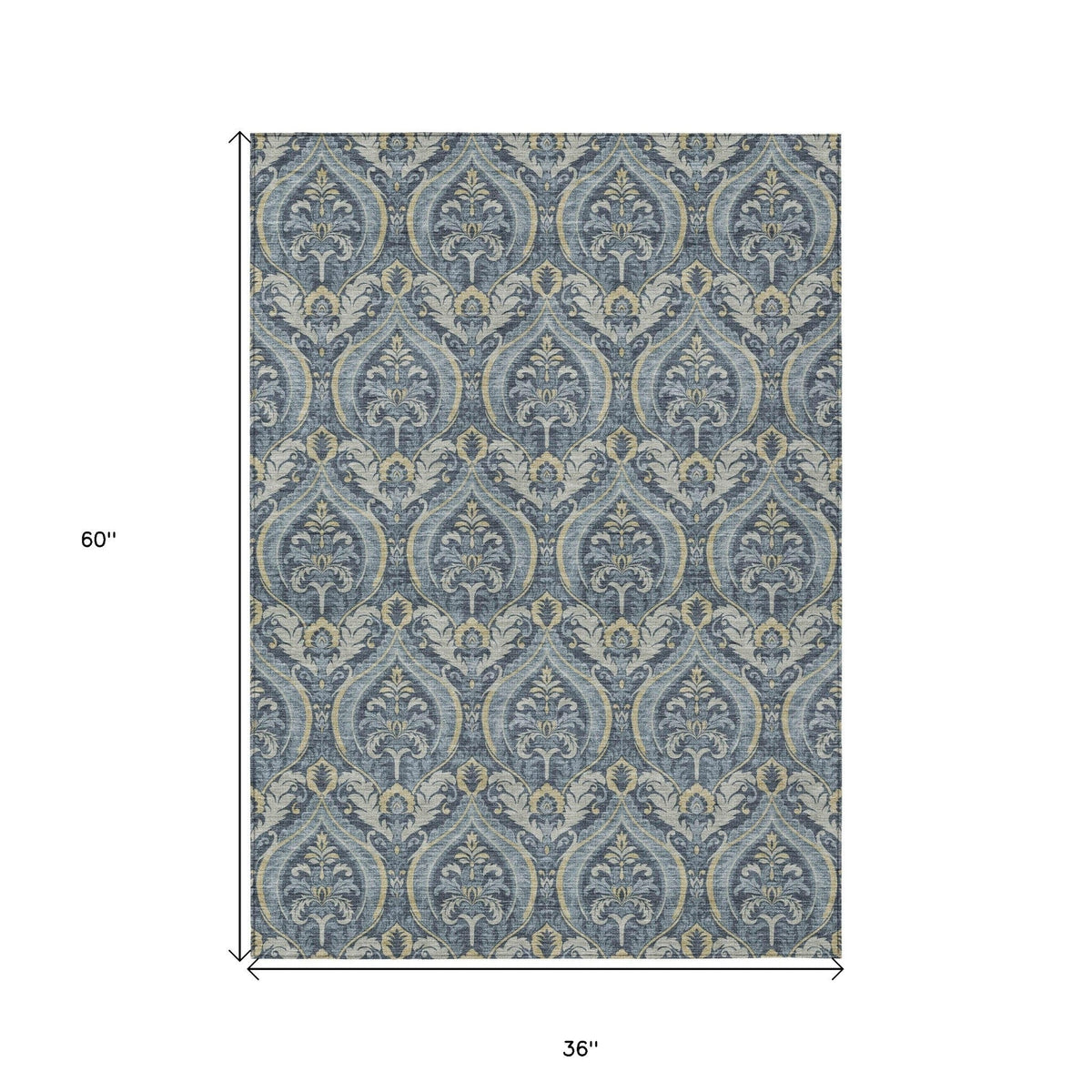 3' X 5' Blue and Cream Damask Washable Non Skid Indoor Outdoor Area Rug