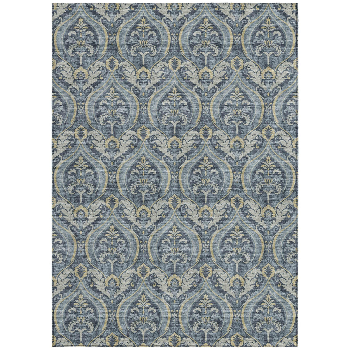 3' X 5' Blue and Cream Damask Washable Non Skid Indoor Outdoor Area Rug