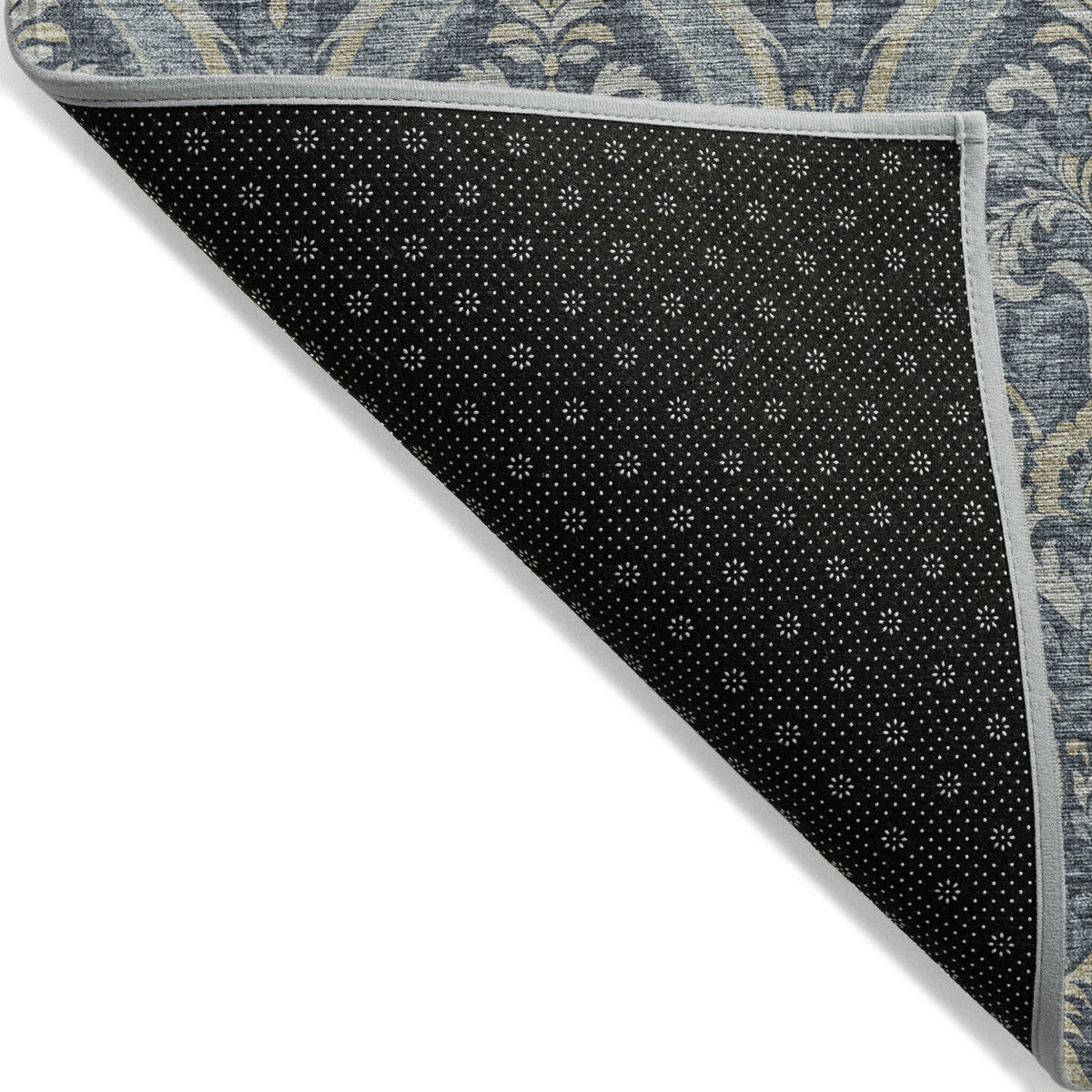 3' X 5' Blue and Cream Damask Washable Non Skid Indoor Outdoor Area Rug