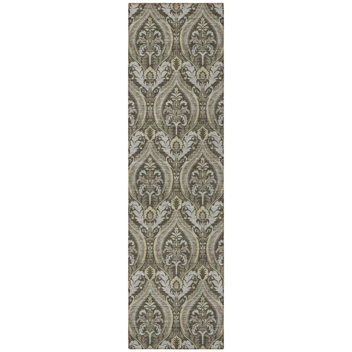 8' Runner Taupe and Beige Damask Washable Non Skid Indoor Outdoor Runner Rug