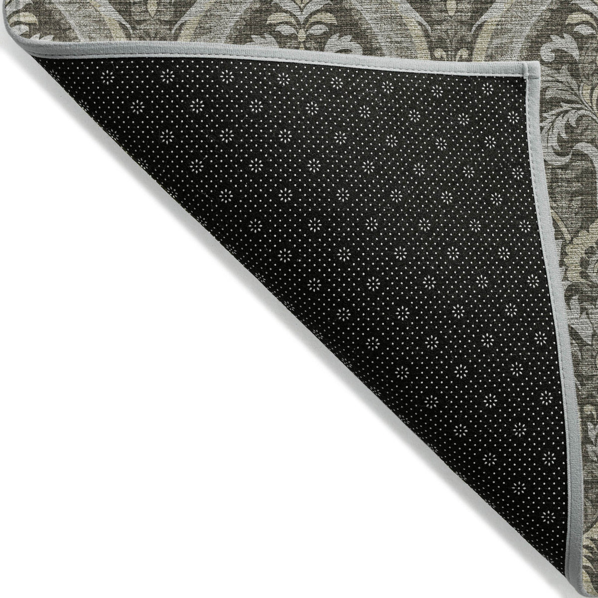 8' Runner Taupe and Beige Damask Washable Non Skid Indoor Outdoor Runner Rug