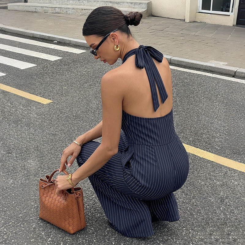 Navy Pinstripe Halter V Neck Button Front Wide Leg Jumpsuit