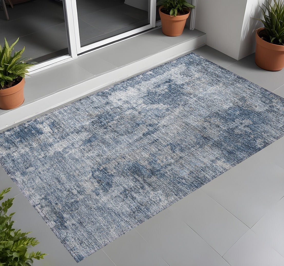 3' X 5' Blue Abstract Washable Non Skid Indoor Outdoor Area Rug
