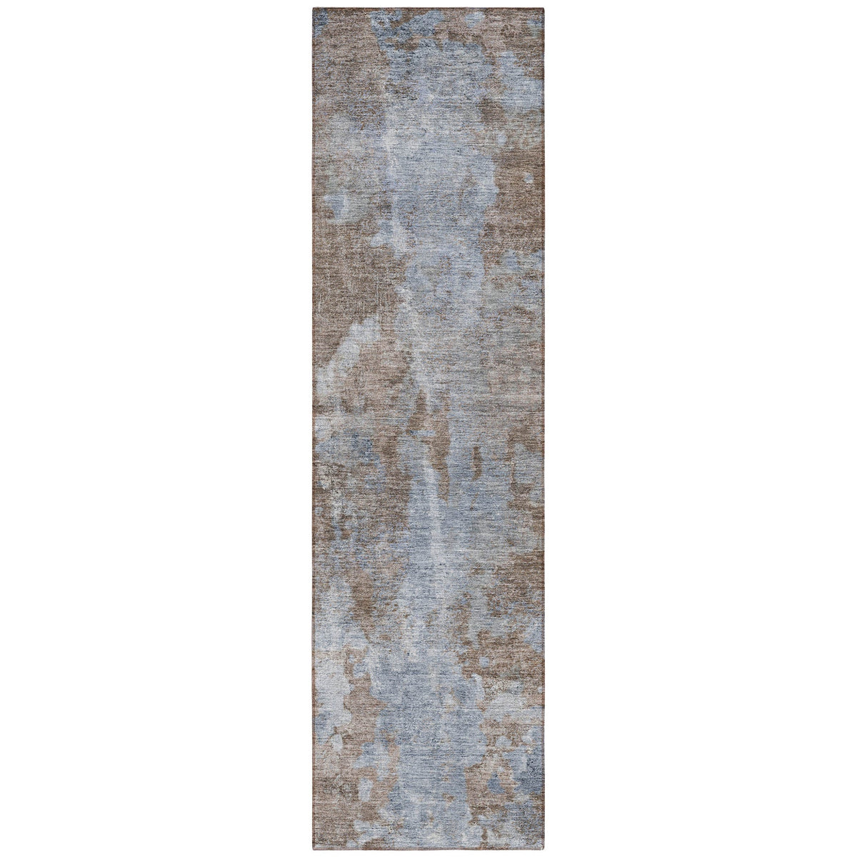 8' Runner Mocha and Blue Abstract Washable Non Skid Indoor Outdoor Runner Rug