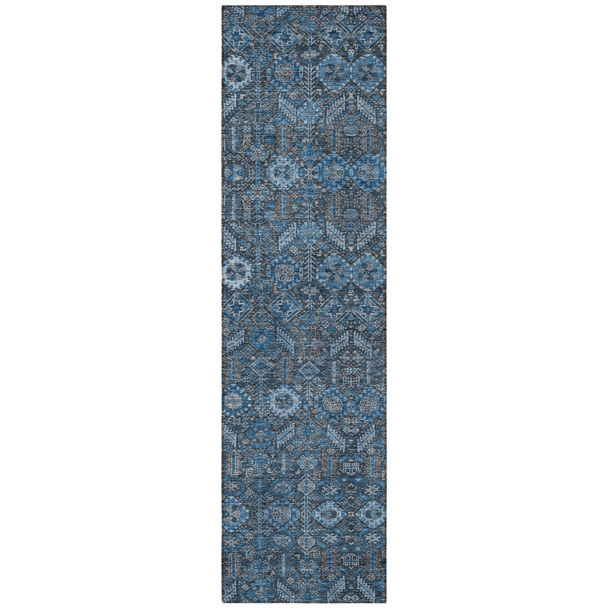 8' Runner Blue and Black Floral Washable Non Skid Indoor Outdoor Runner Rug