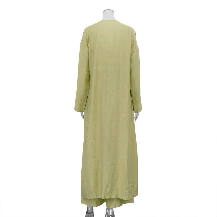 Sage Green 3-Piece Loungewear Set - Crop Top, Kimono Cardigan & Wide Leg Pants