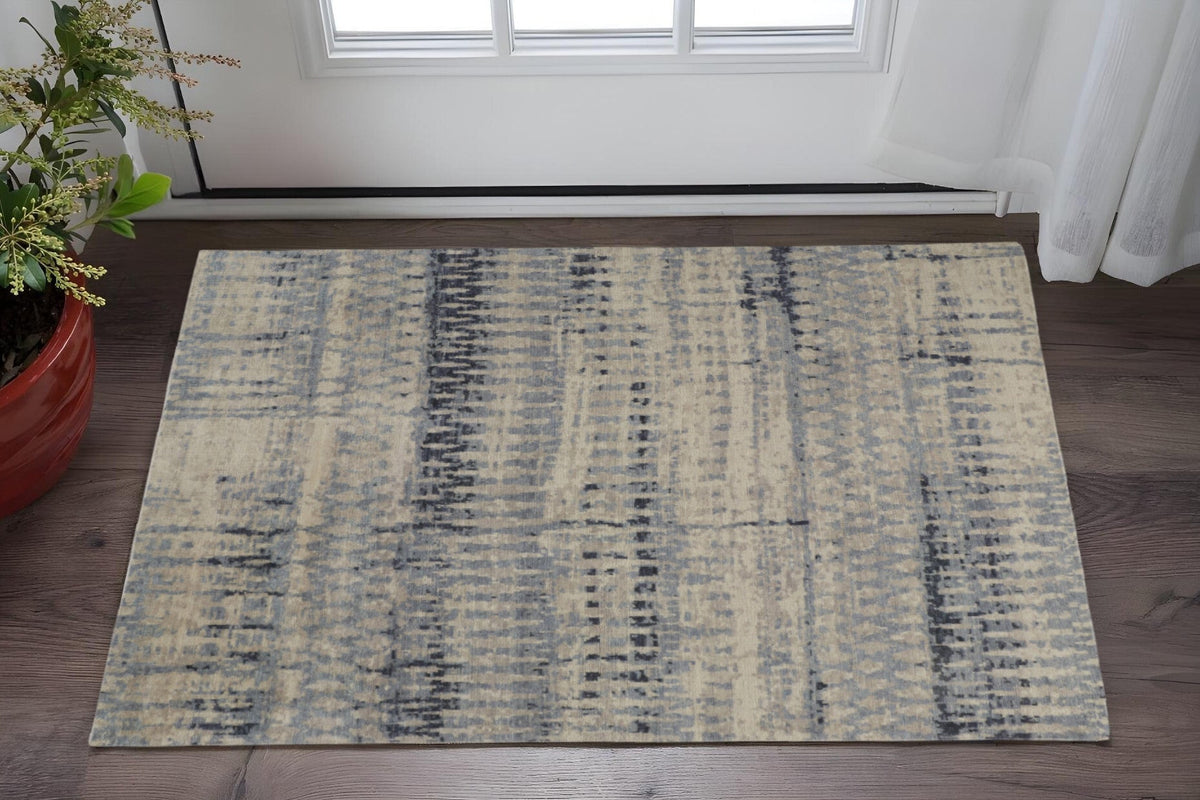 2' X 3' Gray Blue and Ivory Wool Abstract Hand Knotted Area Rug