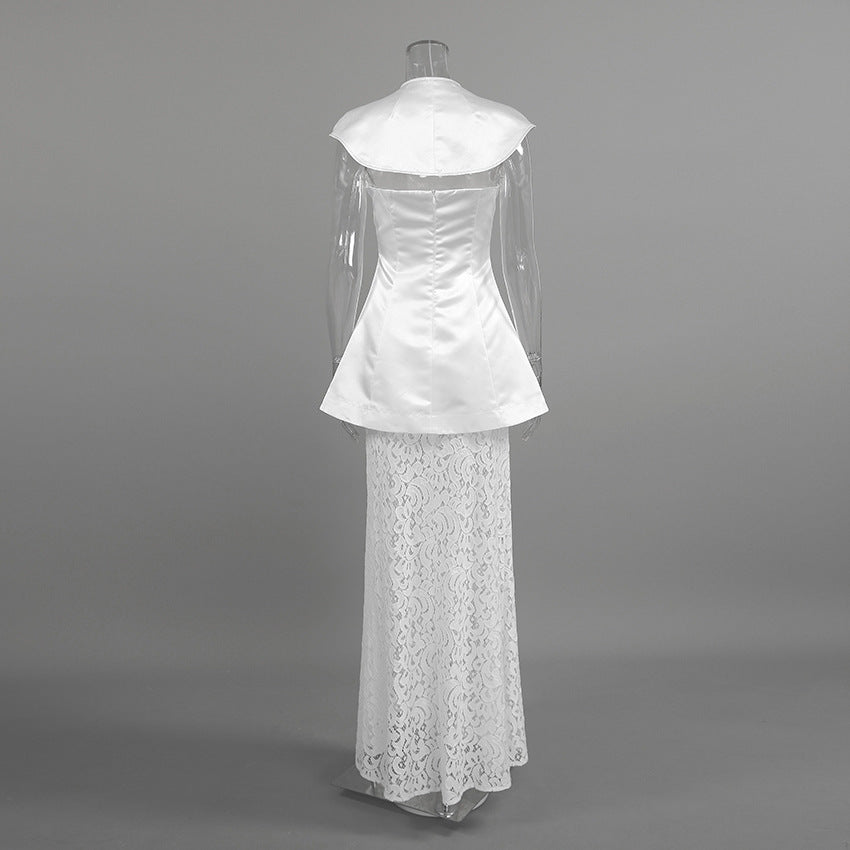 Commuter-appropriate Two-piece Set- Irregular Strapless Top And White Lace Skirt