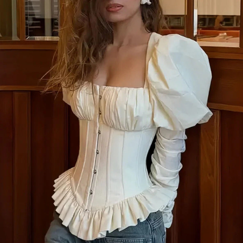 Square Neck Puff Sleeve Corset Peplum Top