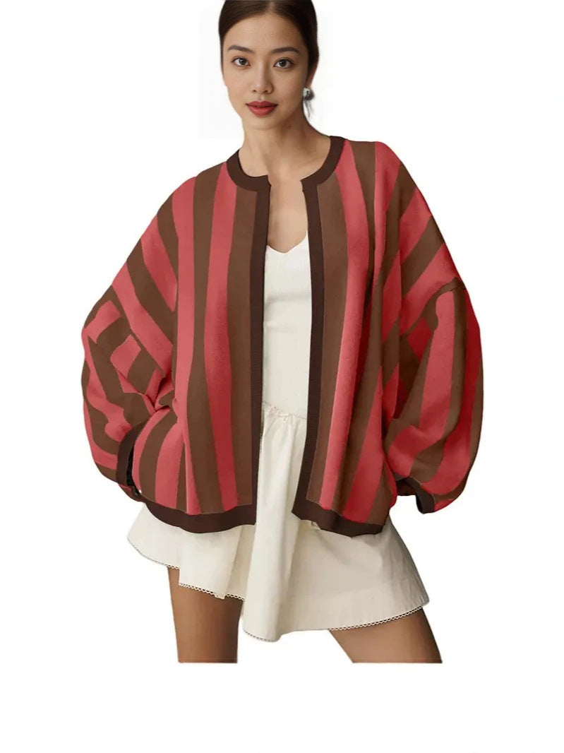 2026 Color Block Striped Plus Size Loose Lantern Sleeve Autumn Winter Thin Sun Protective Cardigan 2026 Autumn New Product
