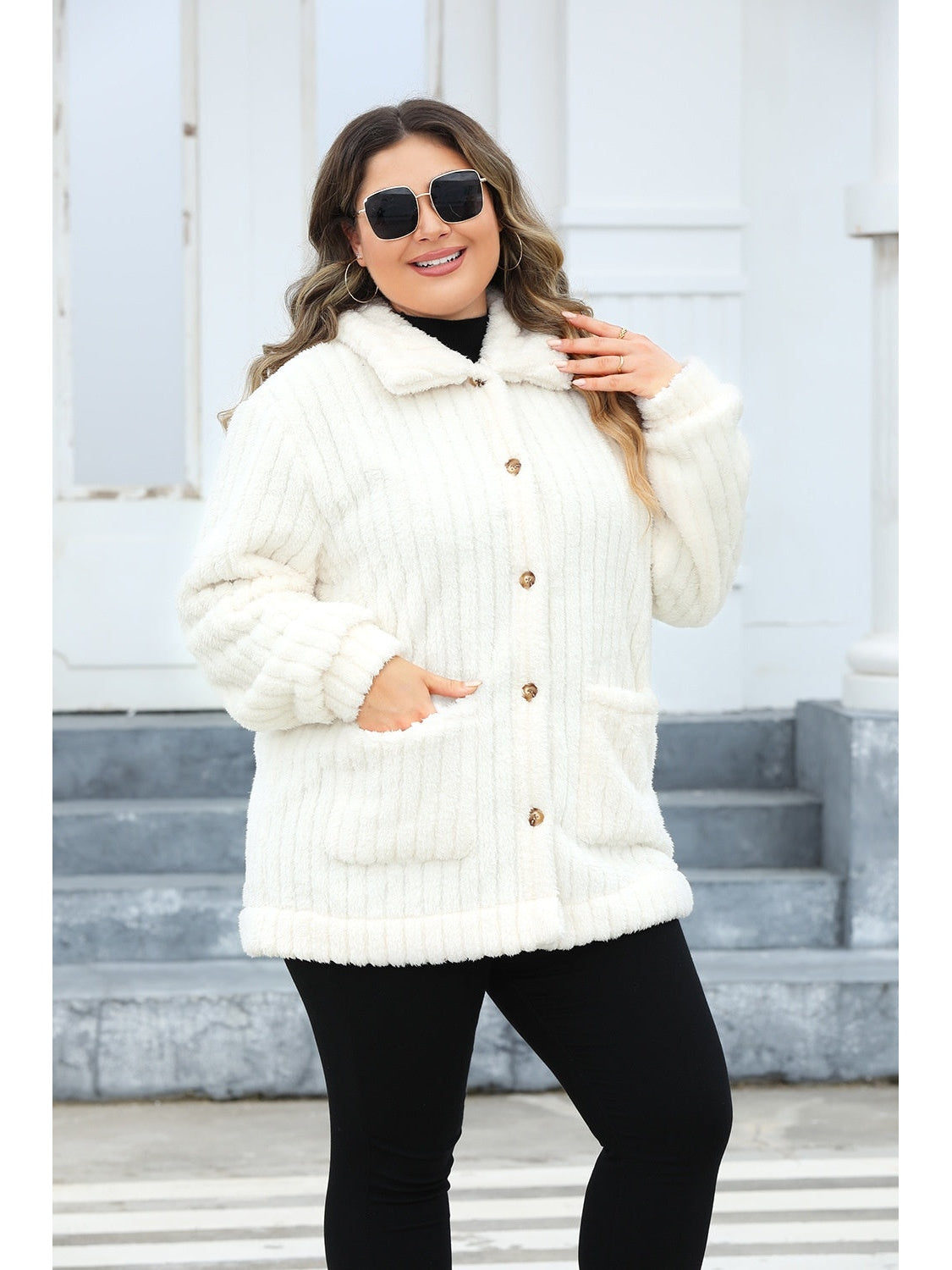 Plus Size Fuzzy Collared Neck Long Sleeve Jacket