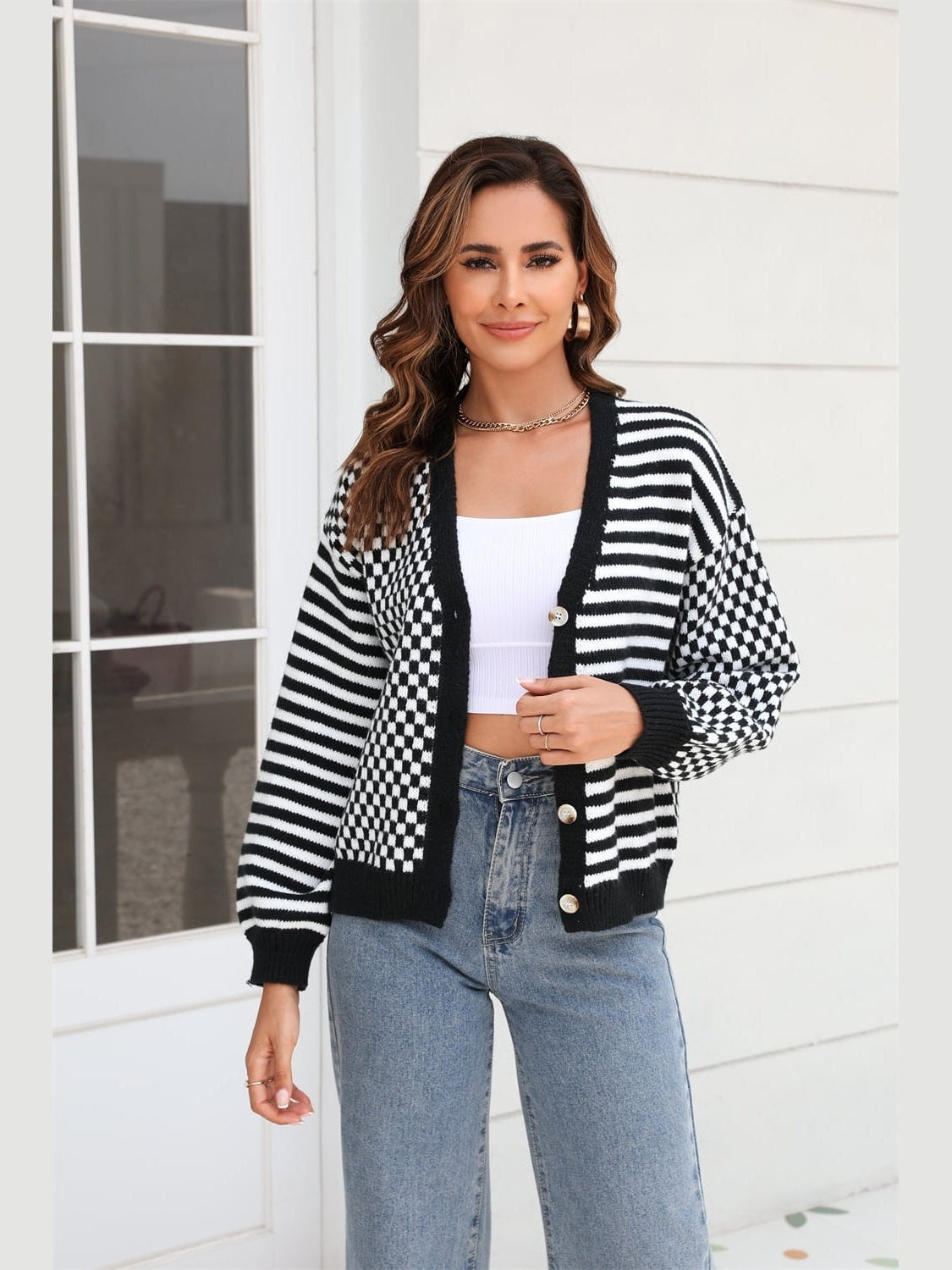 Women Button-Down Stripe & Plaid Contrast Pattern Cardigan Sweater