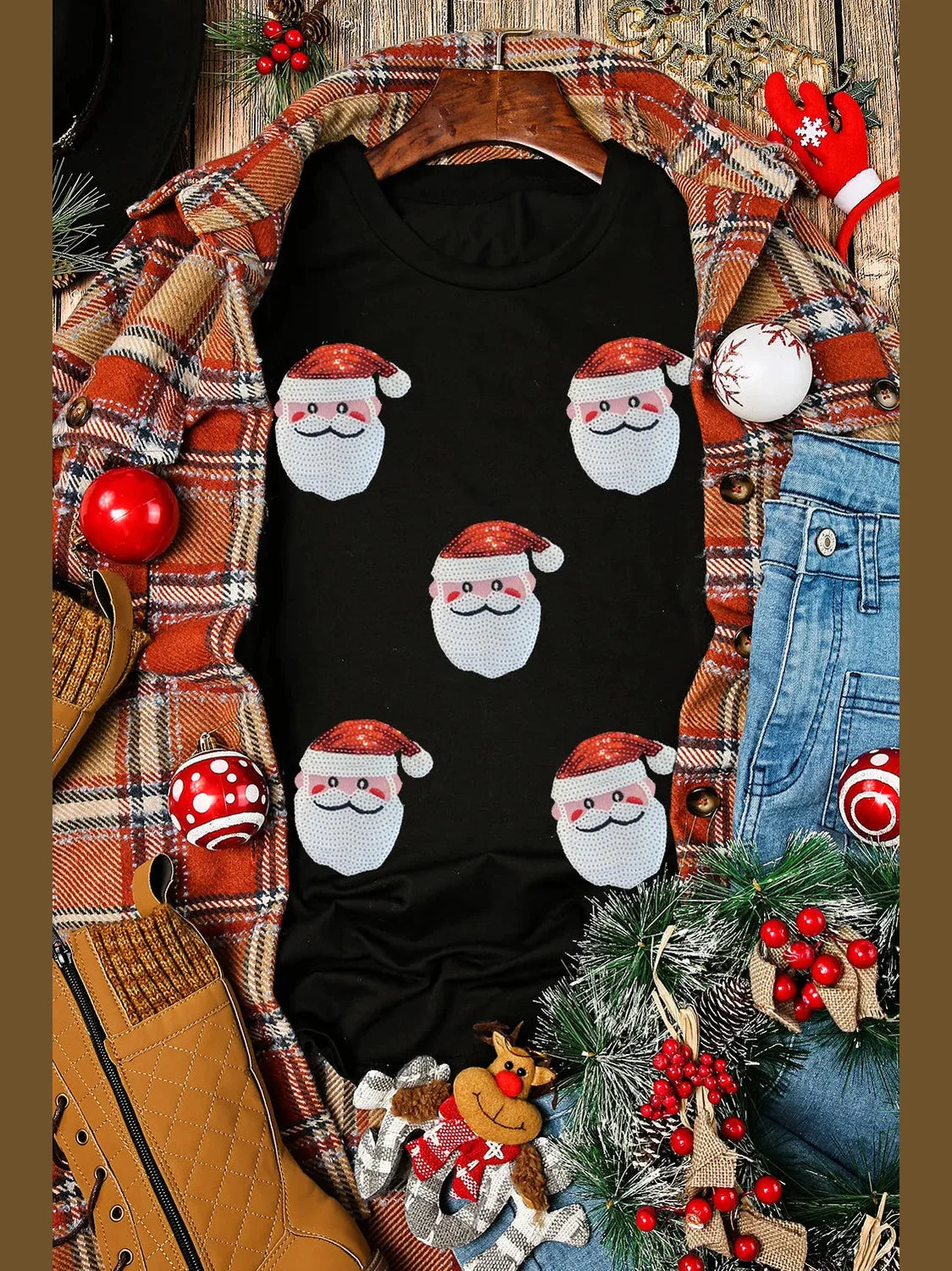 Women Sequin Santa Round Neck Short Sleeve T-Shirt