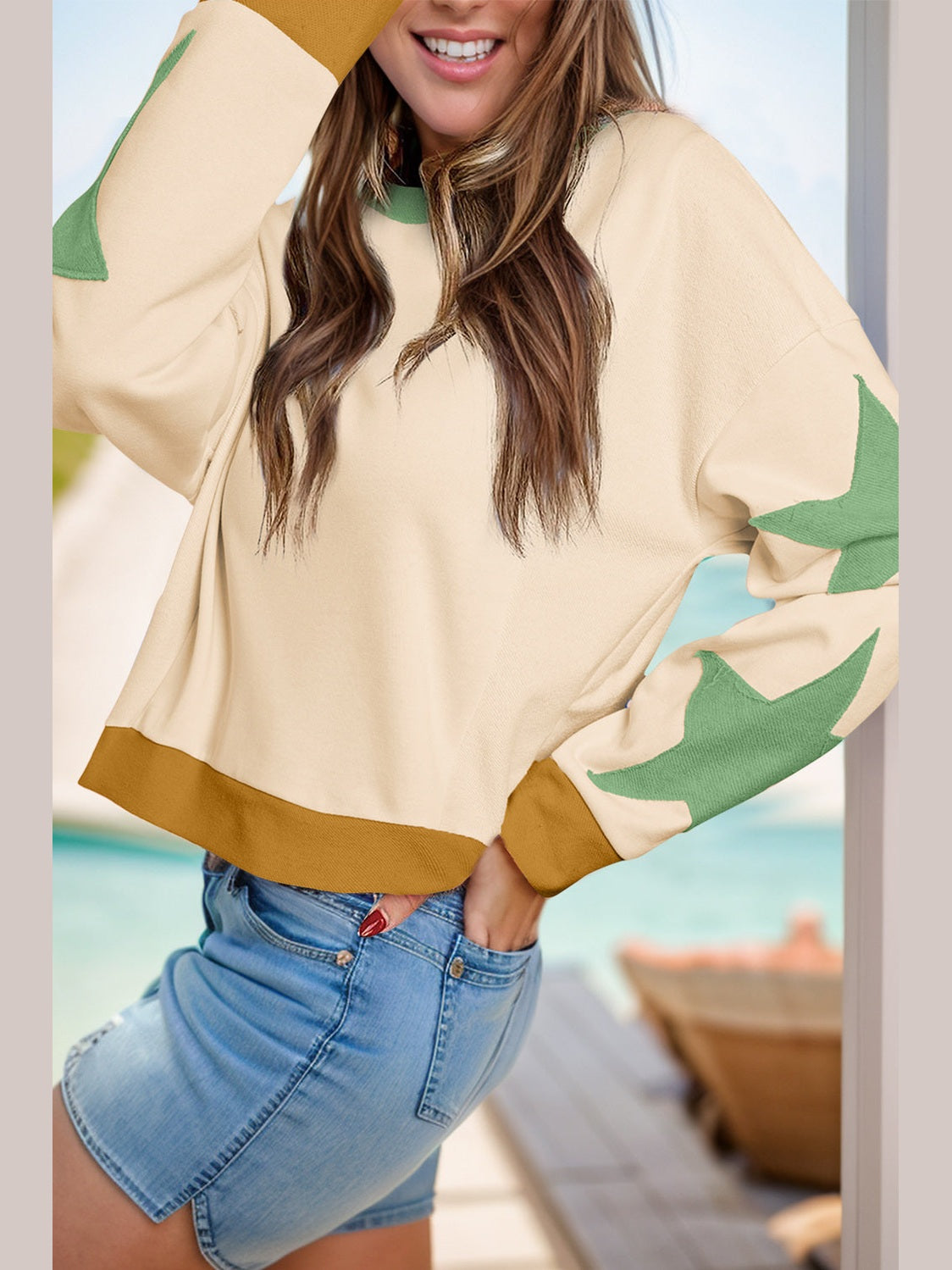 Women Star Contrast Round Neck Long Sleeve Sweatshirt
