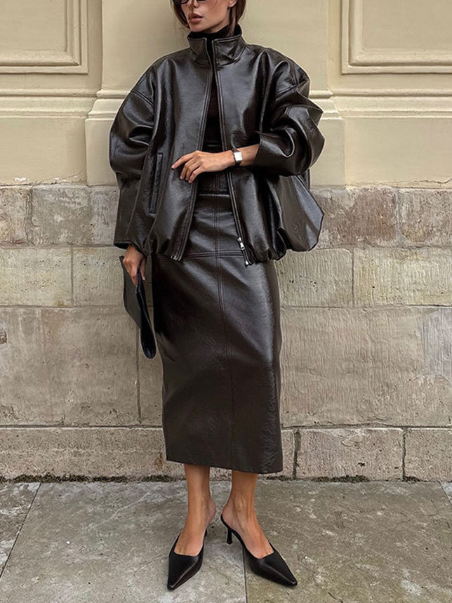 Olive Green Faux Leather Jacket And Midi Skirt Set