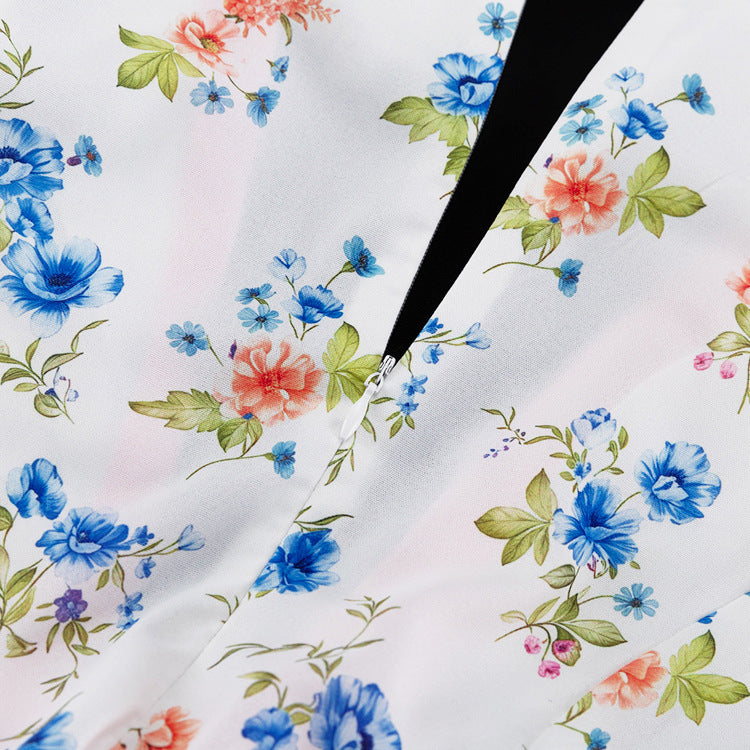 Contrast Lapel Puff Sleeve Floral Print Midi Dress